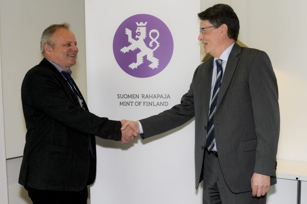 Denmarks Nationalbank Governor Lars Rohde and Mint of Finland CEO Paul Gustafsson