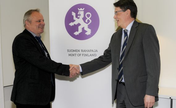 Denmarks Nationalbank Governor Lars Rohde and Mint of Finland CEO Paul Gustafsson