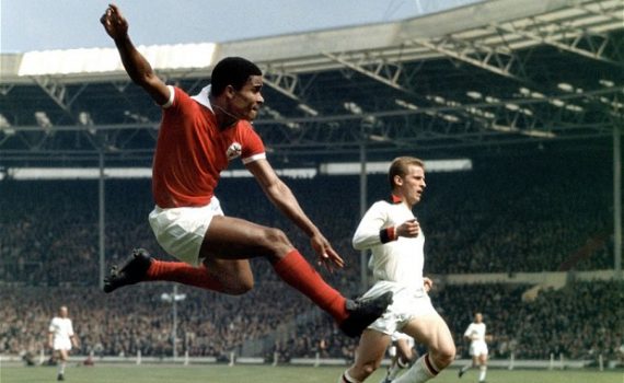 Eusébio scoring the opening goal in the European cup final against AC Milan at Wembley in May of 1963