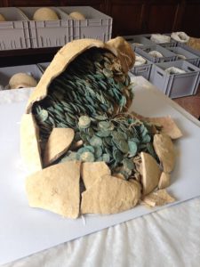 One of the broken amporas filled with ancient Roman Emire era coins