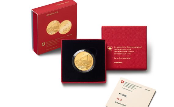 2016 Proof 50 Swiss Franc Gold Coin "Gotthard Base Tunnel" in Box