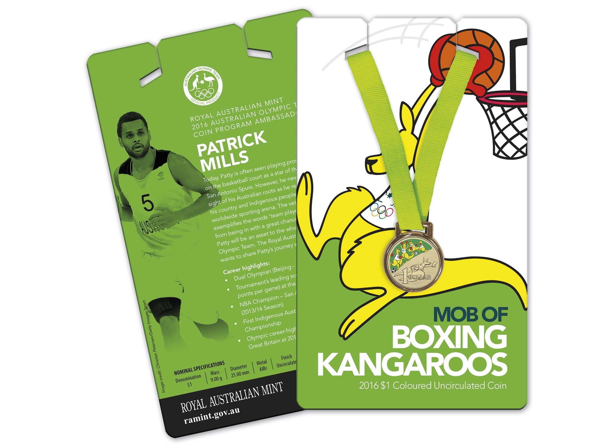 australia_2016_boxing_kangaroo_$1_basketball_big Australia 2016 Olympics Coxing Kangaroo $1 Coin on Basketball Card