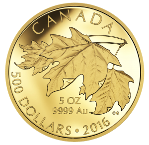 Canada 2016 5oz Gold $500 Maple Leaves Coin Reverse