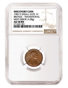 USA 1982-D Small Date Bronze Lincoln Memorial Penny NGC AU-58