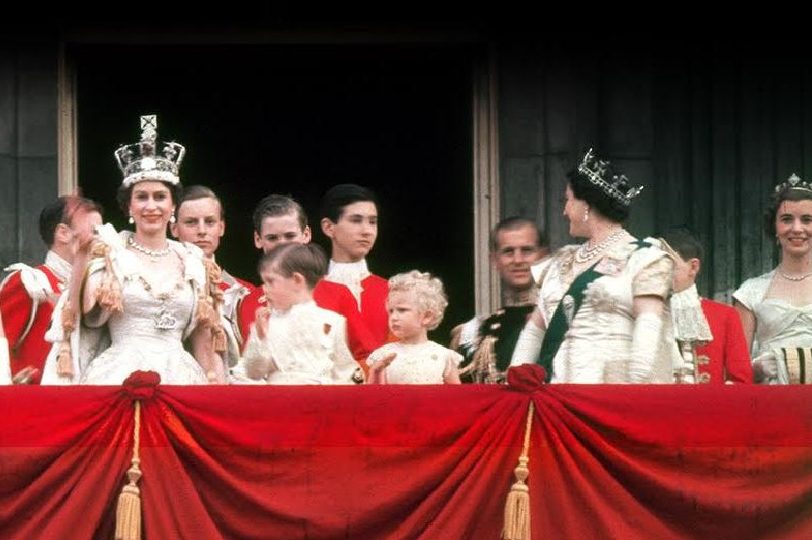 Queen Elizabeth II's Coronation Day. From Left to Right : Queen Elizabeth II, Prince Charles, Princess Anne, Prince Philip, Elizabeth The Queen Mother