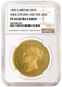 NGC Graded PF 65 Ultra Cameo 1839 Una and the Lion Gold Coin